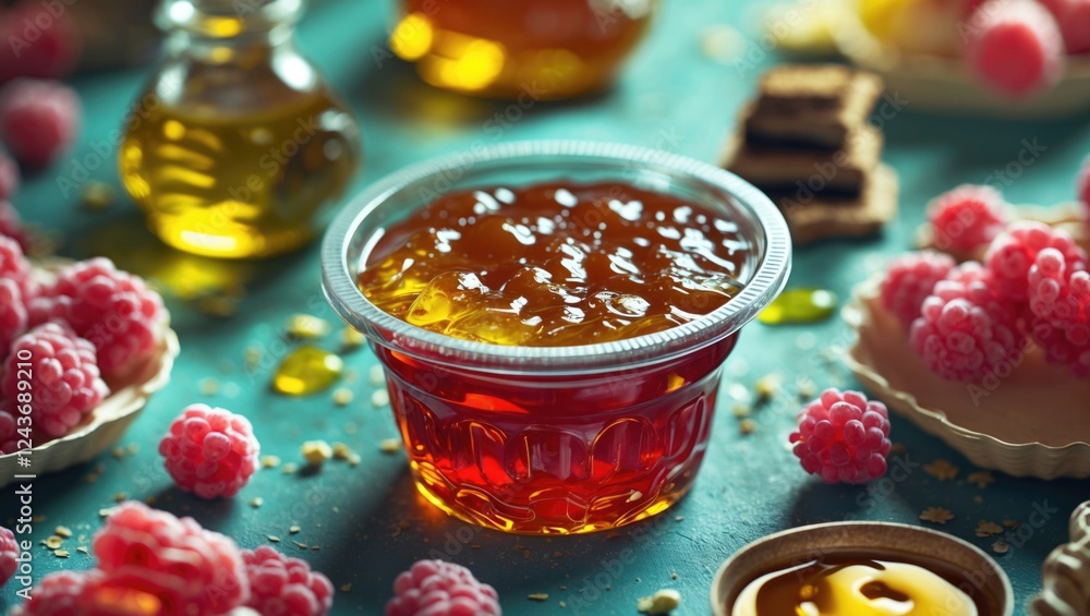 Poster single serving of honey and jam in a plastic container with colorful berries and oils creating an ap