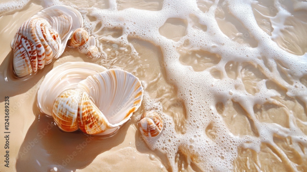 Poster a close-up of seashells on a sandy beach with gentle waves.