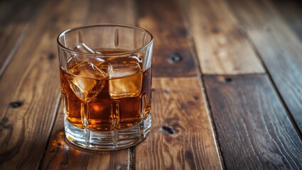 Whiskey glass with ice placed on a rustic wooden floor showcasing warm tones and textures, ideal for beverage and relaxation themes
