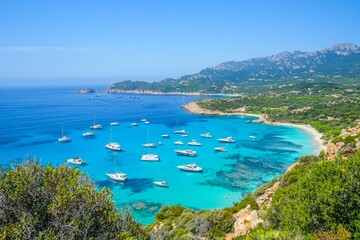 Obraz premium Sardinia. Birds eye from above of yacht, boats, crystalline and turquoise water