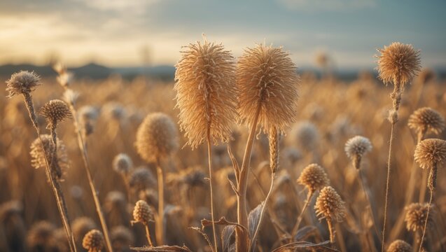 Golden Grain Field with Dried Thistle Flowers Under Sunset Sky in a Rustic Rural Landscape.