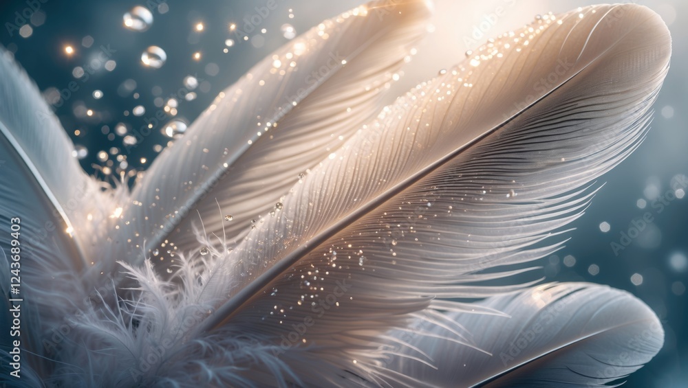 Poster elegant white feathers adorned with sparkling droplets and soft bokeh create a serene and gentle bac
