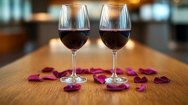Two glasses of red wine with rose petals on a wooden table.
