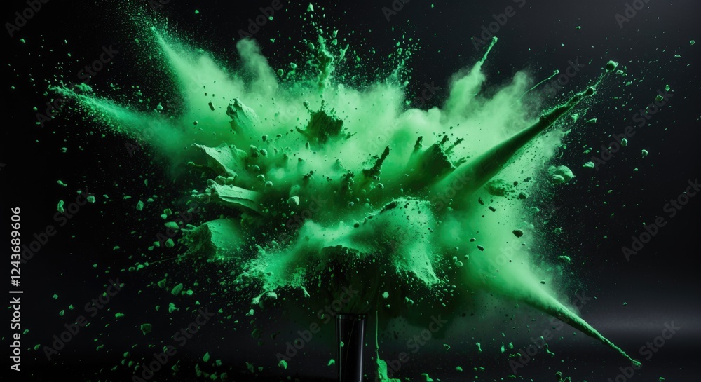 Poster vibrant green powder explosion creating dynamic particles on a dark background showcasing motion and