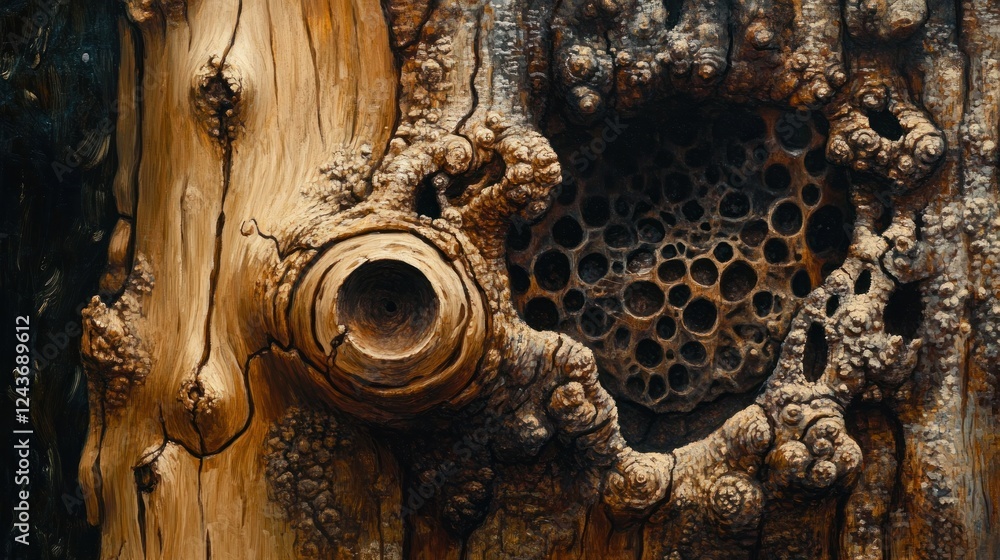 Poster a close-up of textured wood with intricate patterns and a hollow section resembling honeycomb.