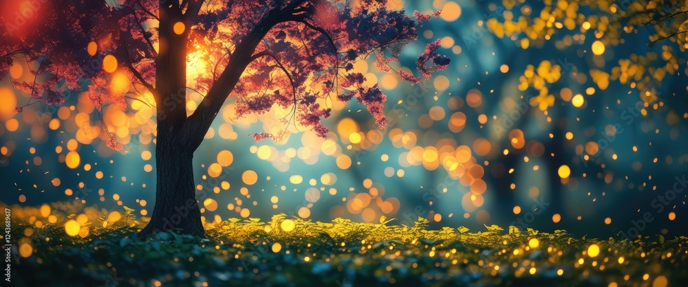Poster bokeh lighting effect in a serene forest scene with a vibrant tree creating a captivating interplay 