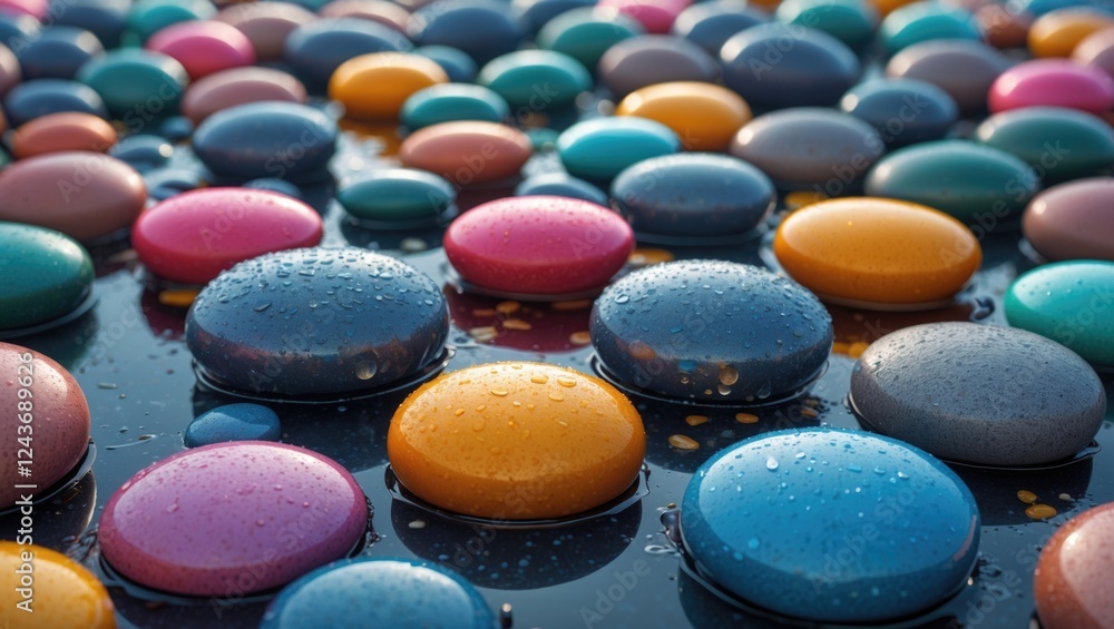Poster colorful wet pebbles on a reflective surface creating an abstract background with droplets enhancing