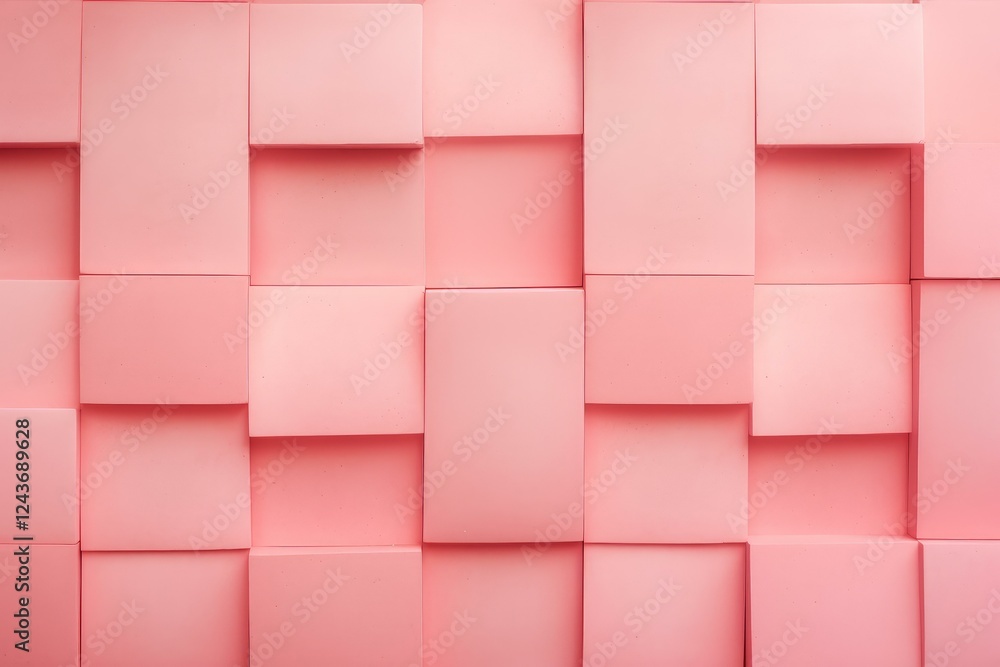 Poster geometric pattern of pink rectangular blocks creating a textured wall background, ideal for modern a
