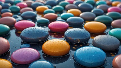 Colorful wet pebbles on a reflective surface creating an abstract background with droplets enhancing the visual texture and appeal