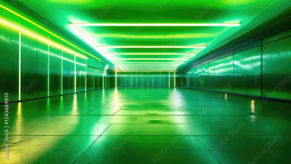 Poster abstract green illuminated corridor with glowing light panels creating a tranquil and calming atmosp