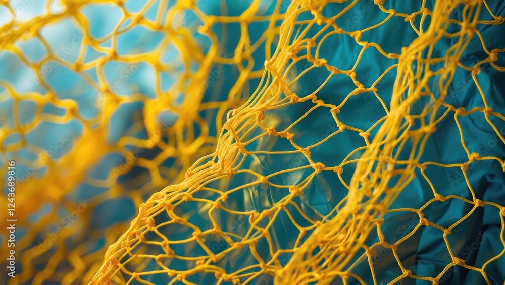 Poster vibrant abstract close-up of a yellow net texture against a blue background showcasing intricate pat