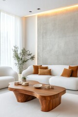 Minimalist living room, white boucle sofas, warm caramel accent cushions, sculptural wooden coffee table, textured concrete accent wall with embedded LED