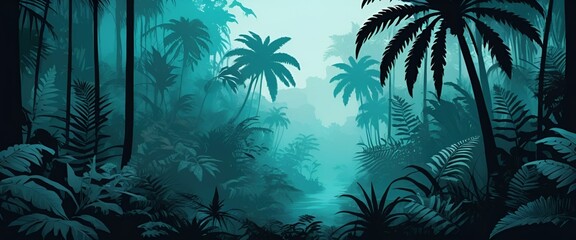 "Enchanted Rainforest: Tropical Canopy and Mysterious Mist in Dreamy Landscape"