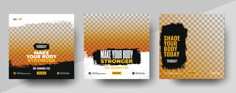 Gym and fitness social media post banner template with black and yellow color, Sports and Fitness social media post banner