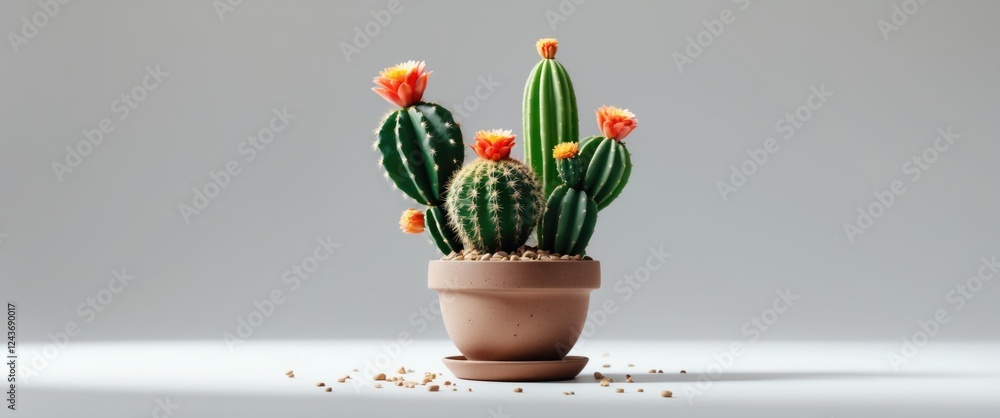 Poster vibrant group of decorative cacti in a clay pot isolated on soft background with negative space for 