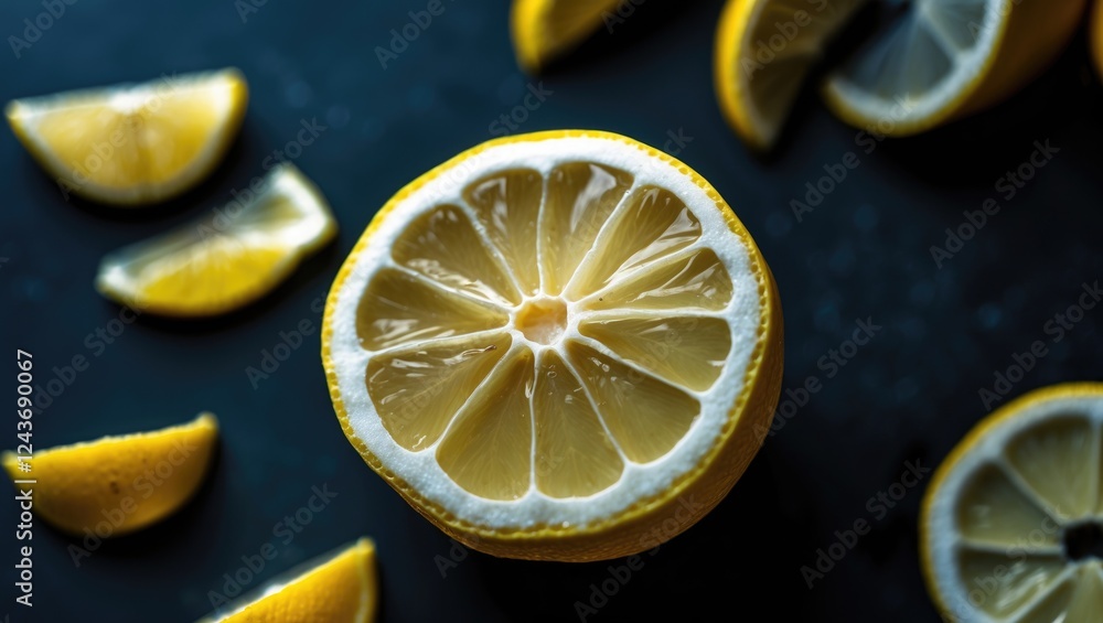 Poster brightly lit lemon slice with surrounding segments on dark background ideal for freshness or culinar