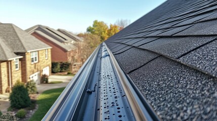 A close-up view of a roof edge and guttering system on a residential home.