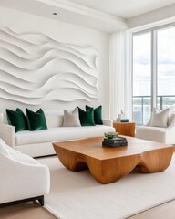 Modern living room, white boucle sofas, deep emerald accent pillows, sculptural oak coffee table, textured 3D accent wall with organic wave like gypsum