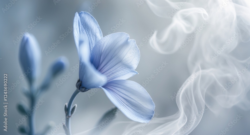 Poster delicate blue flower with smoky background close-up featuring soft colors and space for text or desi
