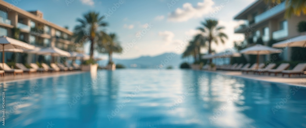 Poster luxury hotel resort swimming pool abstract blur with palm trees ideal for background use with empty 