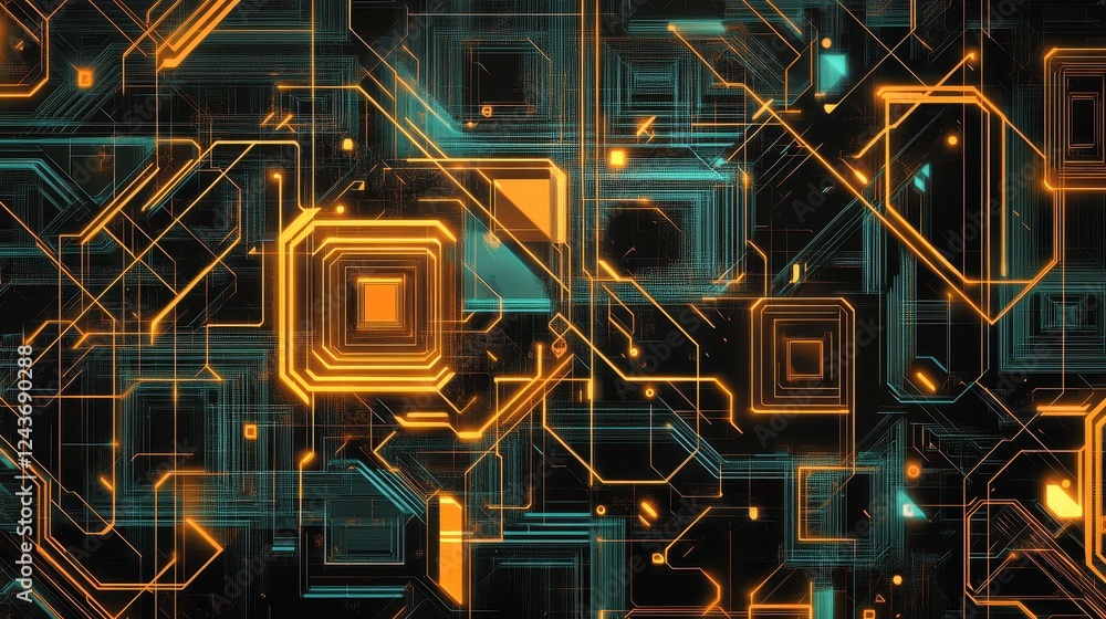 Poster Abstract Glowing Circuit Board Pattern with Orange and Teal Lines