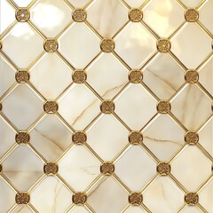 Naklejka premium Seamless ivory and gold tiles with alternating patterns, ultra-glossy reflective surface, photorealistic, 4:3.
