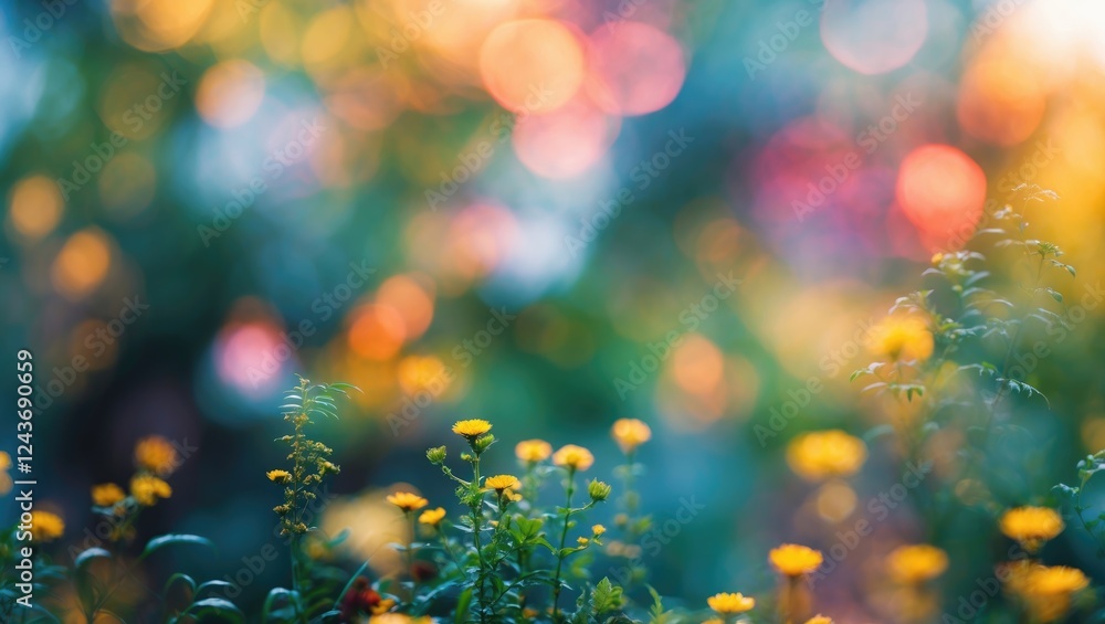 Poster blurry floral background with colorful bokeh and copy space for text insert in nature and spring the