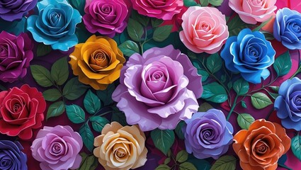 Vibrant abstract rose floral background featuring colorful paper flowers ideal for illustrations and design projects.