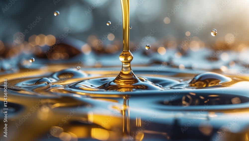 Poster abstract macro image of oil and water interaction with golden hues, dynamic motion and blurred eleme