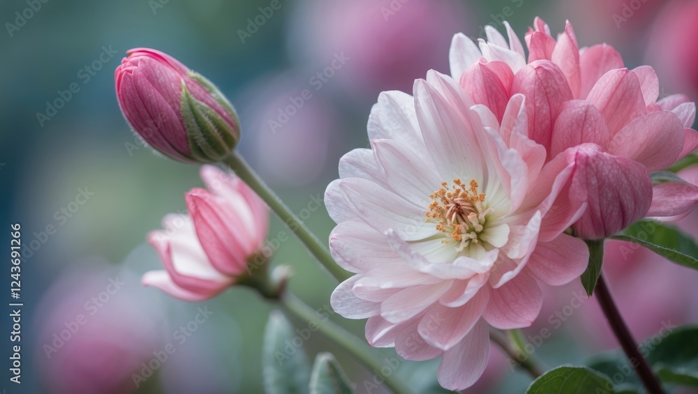 Poster delicate close-up of pink flower blooms and buds with soft background and ample empty space for text