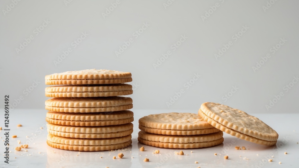 Poster stack of circular biscuits on a neutral background showcasing texture with scattered crumbs for a te