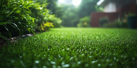 Naklejka premium Beautiful Spring Rainfall on Lush Green Yard Surrounded by Fresh Plants and Soft Light, Perfect for Nature Lovers and Garden Enthusiasts