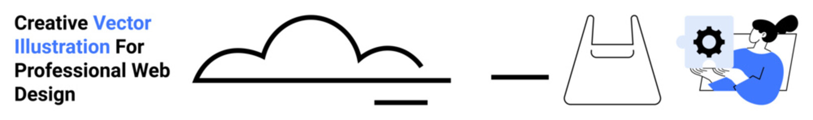 Minimalist cloud symbol, shopping bag graphic, and user managing settings on a digital platform. Ideal for e-commerce, tech, storage, SaaS, settings management, digital products flat landing page