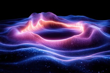 Obraz premium Abstract Wavy Line Circle Frame in Blue Purple Gradient Light on Black Background