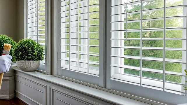 Bright living space showcases white shutters and potted greenery, creating a fresh and inviting atmosphere in the afternoon light