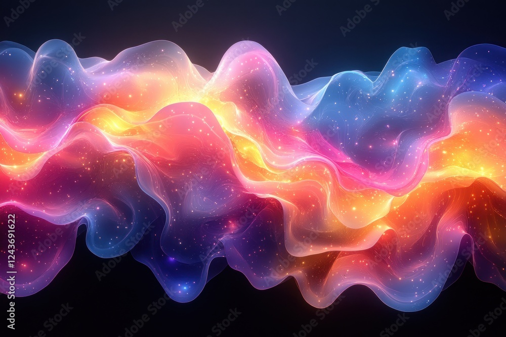Poster abstract colorful wavy circle pattern with neon light on black background digital art