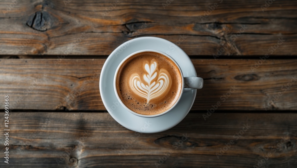 Poster top view of a beautifully crafted latte with intricate foam art on a rustic wooden table background.