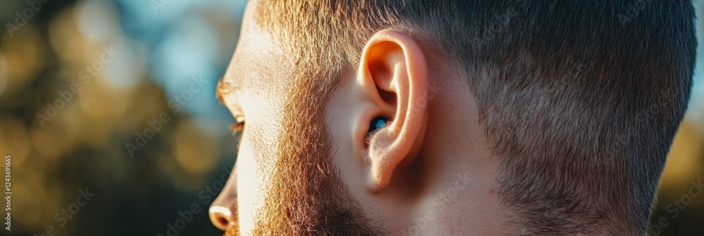 Poster close up of a man's ear highlighting the importance of attentive listening and auditory perception i