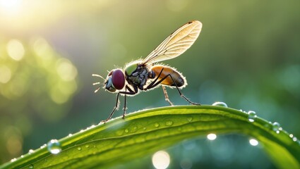 Close-up of a fly resting on a green leaf adorned with water droplets in soft morning light with space for text or design elements.
