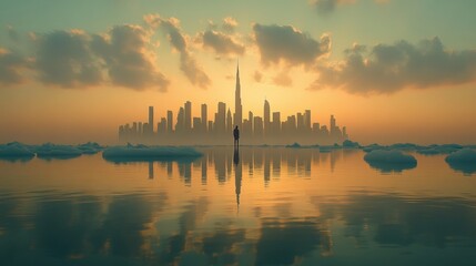 Naklejka premium Silhouette of Person Amidst a Futuristic Cityscape Reflected in Icy Water at Sunset