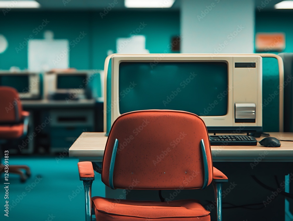Poster a retro computer setup featuring an orange chair in a teal office environment, showcasing a nostalgi