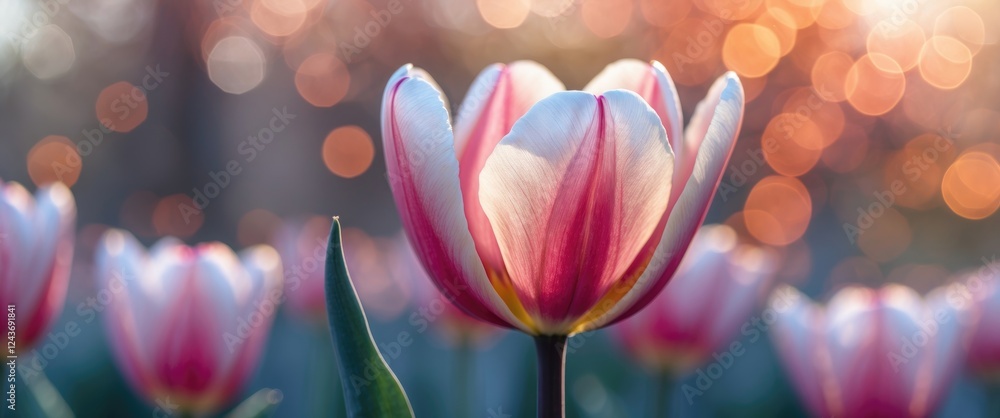 Poster close-up of a vibrant tulip petal with warm bokeh background showcasing intricate texture and color 