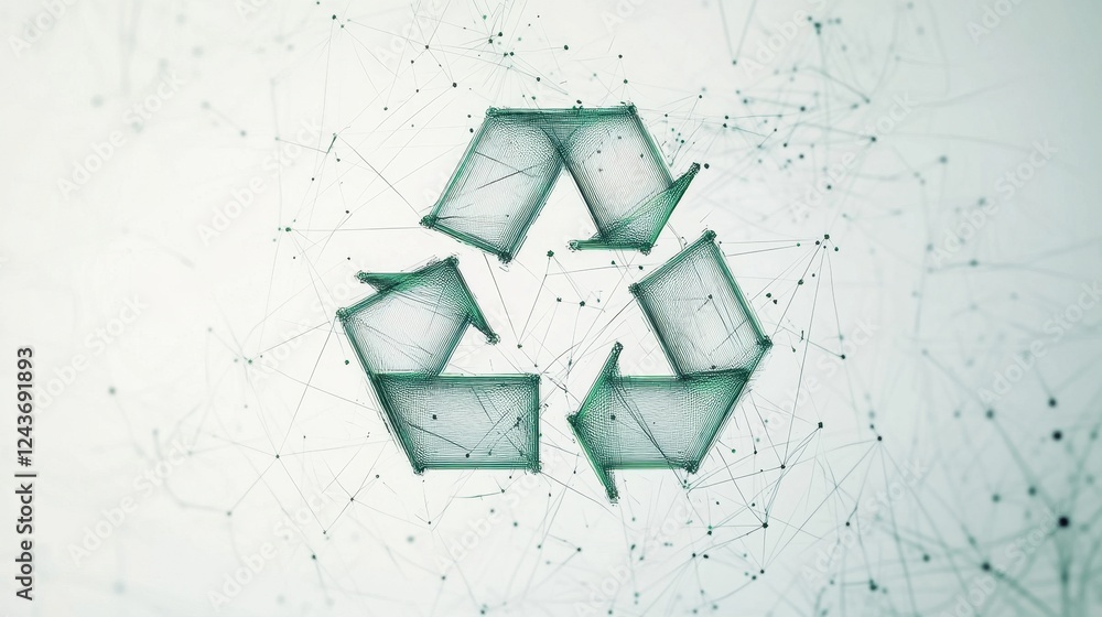 Poster abstract green recycle symbol composed of digital particles on white background