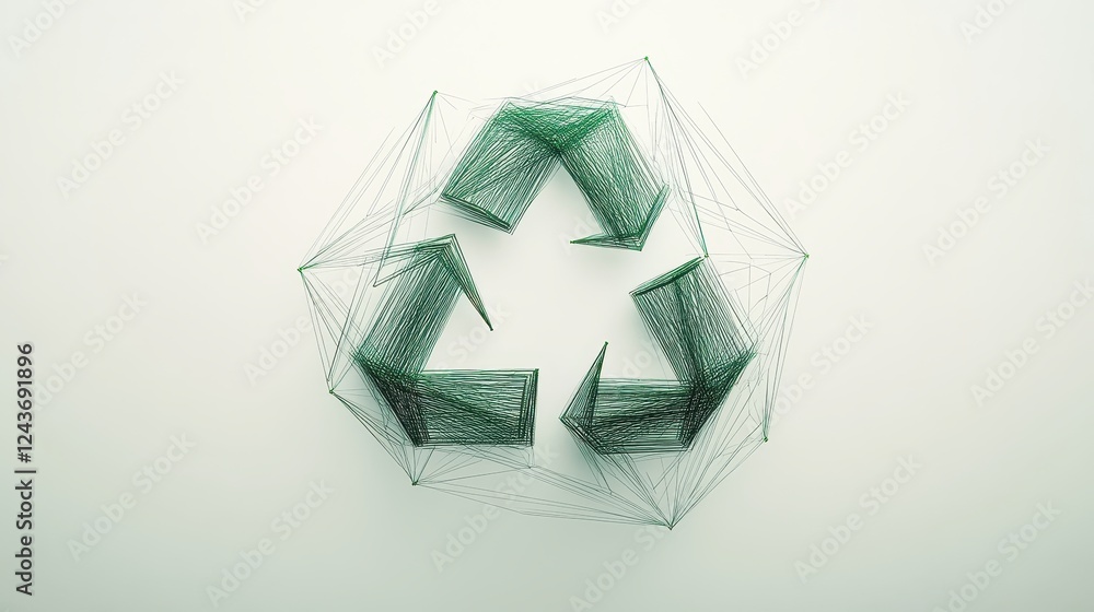 Poster abstract green recycle symbol composed of particles on white background