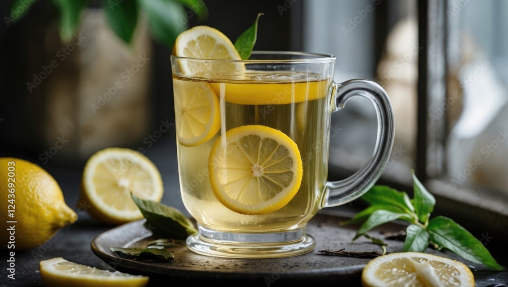 Poster refreshing glass of lemon tea garnished with lemon slices and leaves with ample space for customizat
