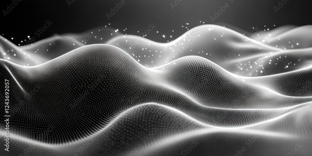 Poster abstract wave pattern with flowing dots, wavy halftone design in black and white on white background