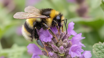 Bumblebee pollinating purple lavender flower.
