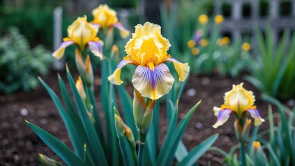Fototapeta premium Vibrant Yellow Iris Blossoms in a Lush Garden Setting with Space for Text Overlay