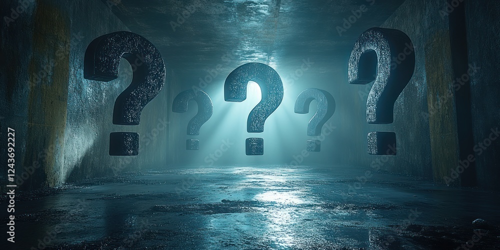 Poster floating black question marks in dark space with diffused lighting 3d illustration