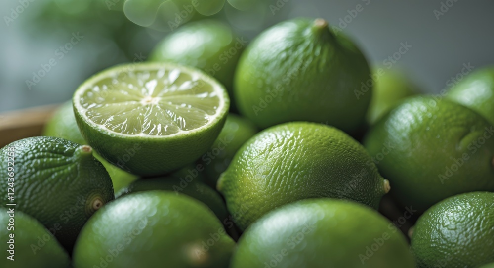 Poster fresh limes with one sliced open showcasing juicy interior, featuring a close-up view and soft focus